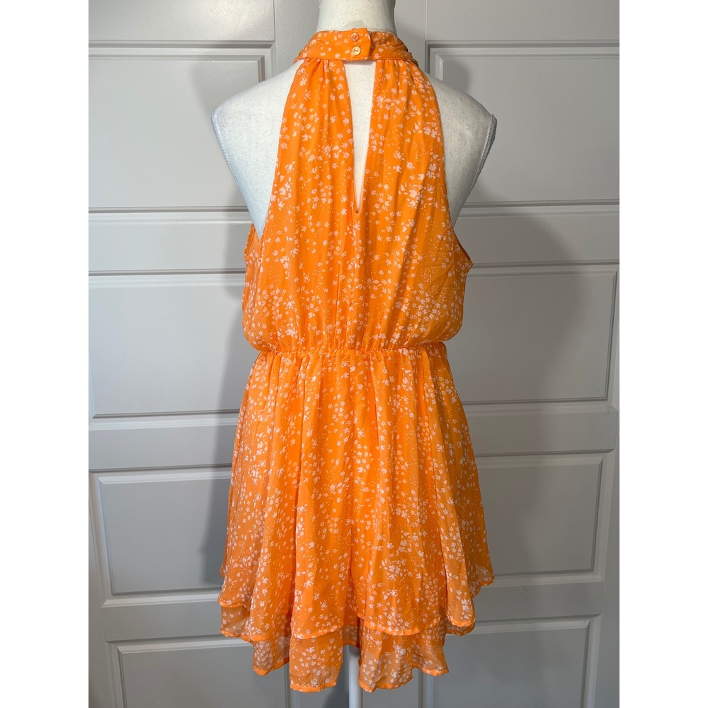 Sienna Sky Orange Floral Halter Neck Dress Sleeveless Layered Mini L - Picture 3 of 8